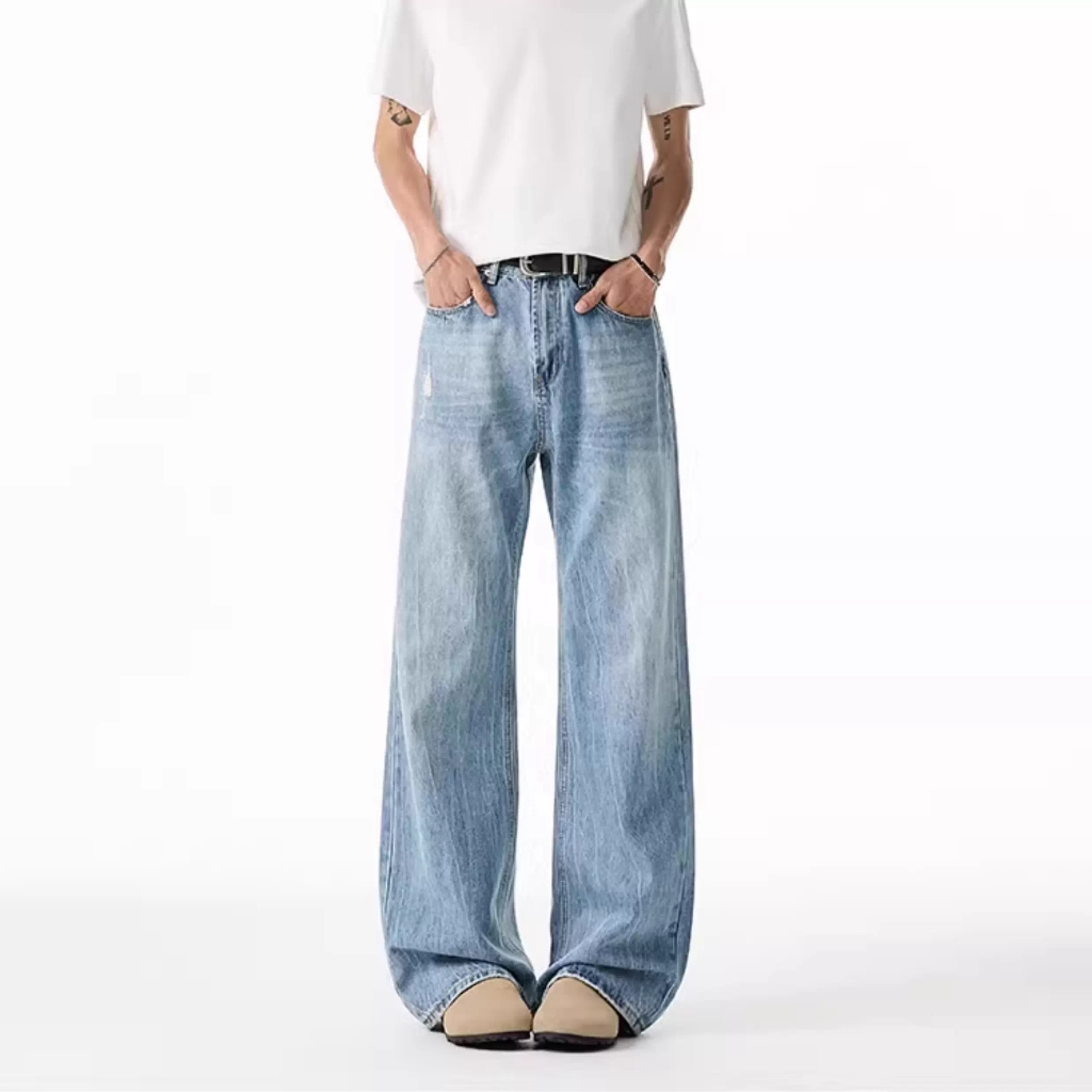 Celana Jeans Pria Biru Washed Garis Petir High Street Versatile Straight Fit Longgar Sobek Keren