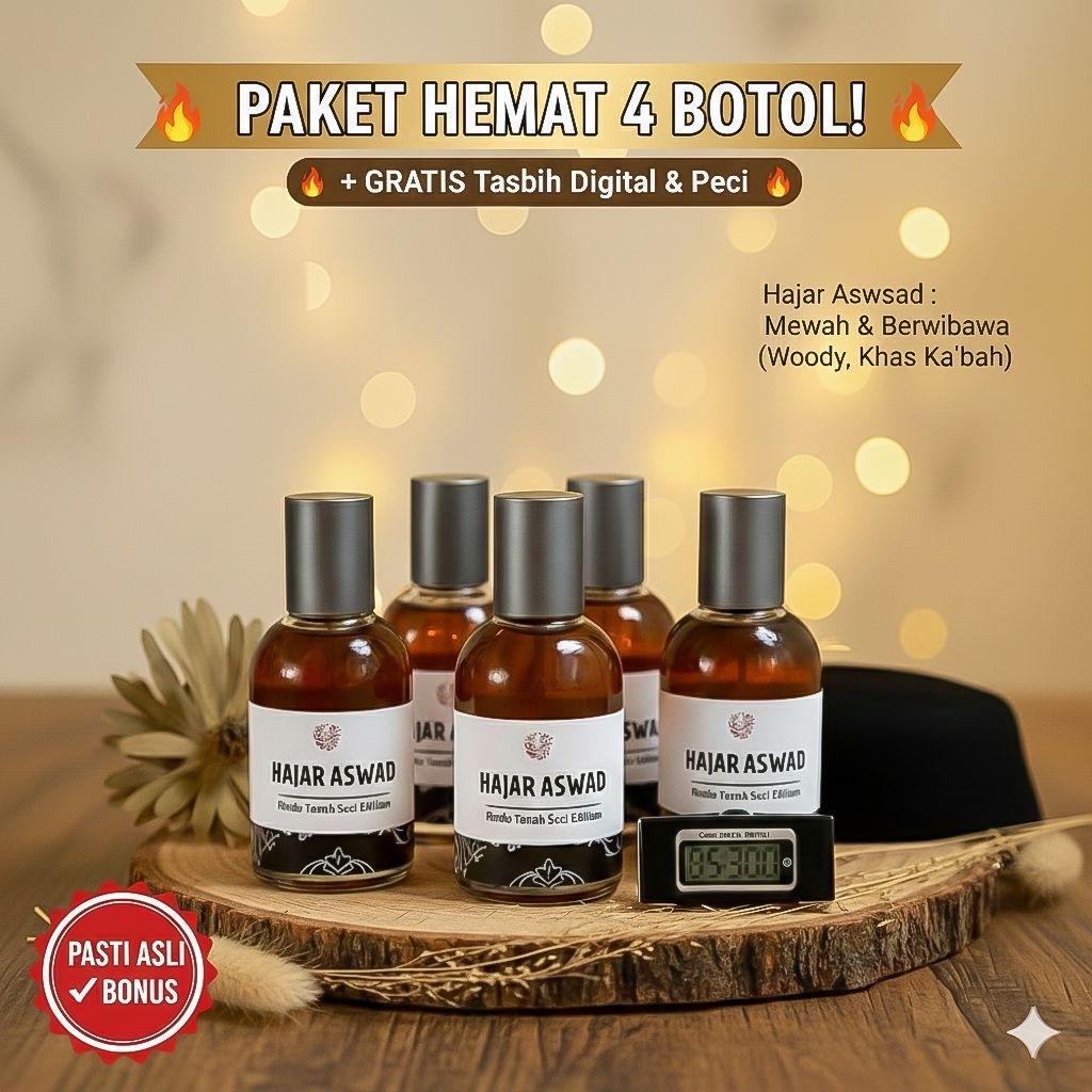 Parfum Hajar Aswad Original Unisex, Wangi Arab Tahan Hingga 8 Jam + Bonus Peci & Tasbih Digital 4 Pc