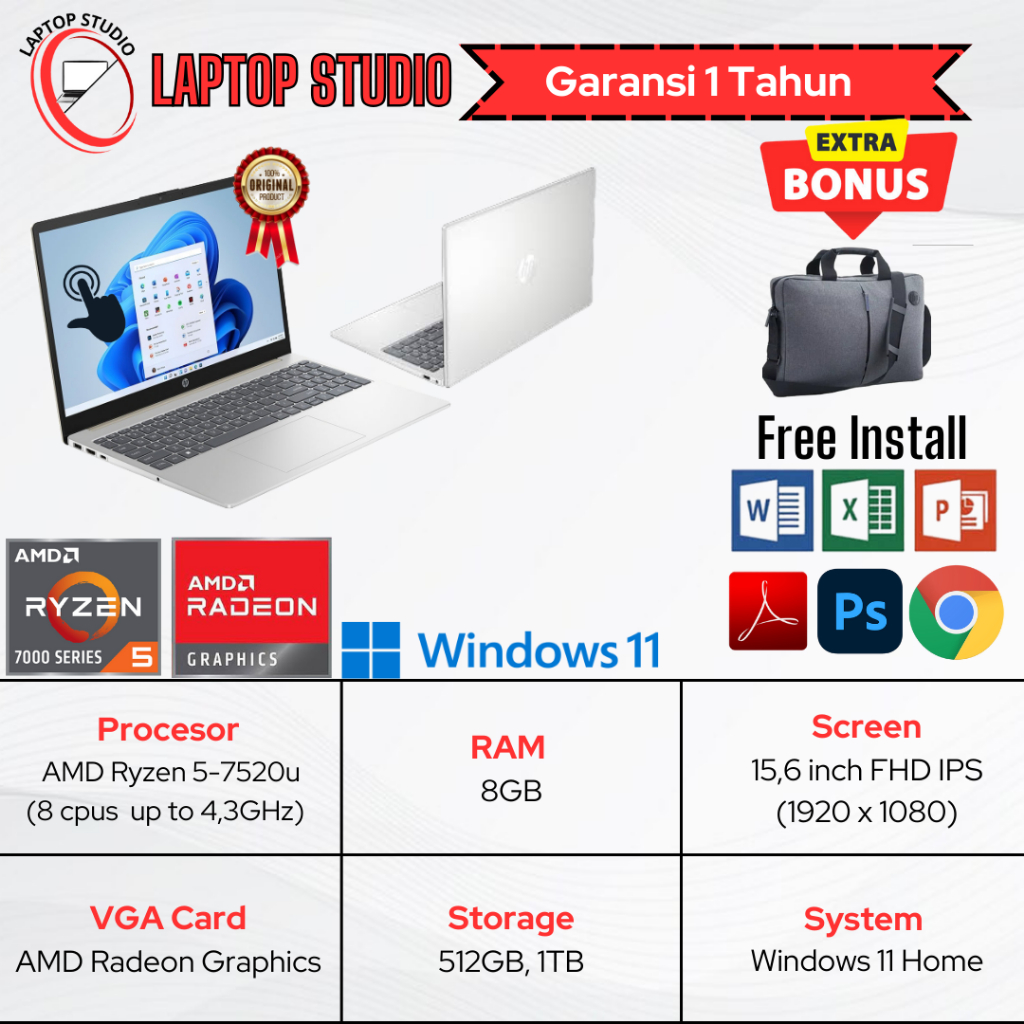 Laptop Baru Amd Ryzen 5 7520u SSD Silver Touchscreen
