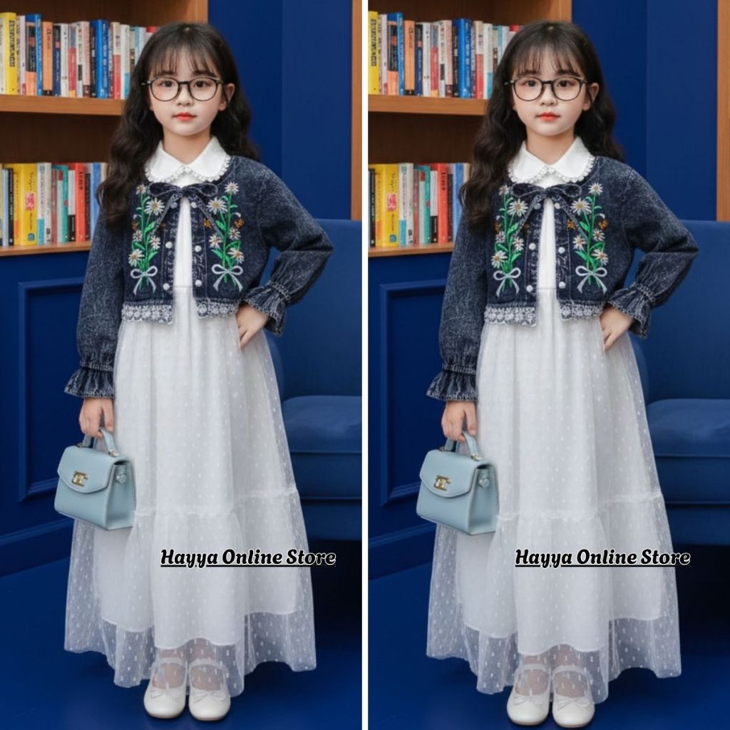 Aurel Gamis Rompi Jeans Usia Anak 3-10 Tahun Bahan Jeans Mix Brukat - Gamis Anak Motif Pita - Gamis 
