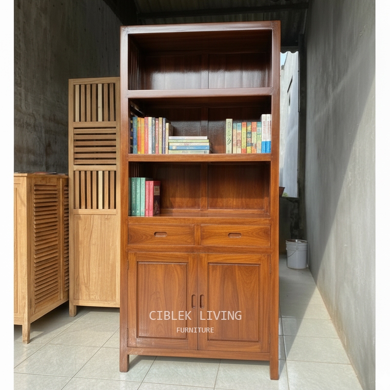 Rak Buku 2 Laci 2 Pintu Jati Jepara - Rak Buku Jati Minimalis - Rak Arsip Perpustakaan Jati - Lemari