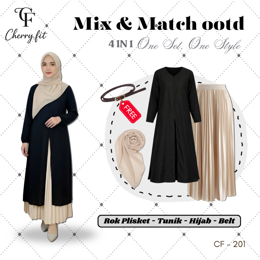 Oneset 4IN1 OOTD Lebaran Kekinian (Tunik, Rok Plisket, Hijab, Free Belt) OOTD Lebaran, Bukber - CF20