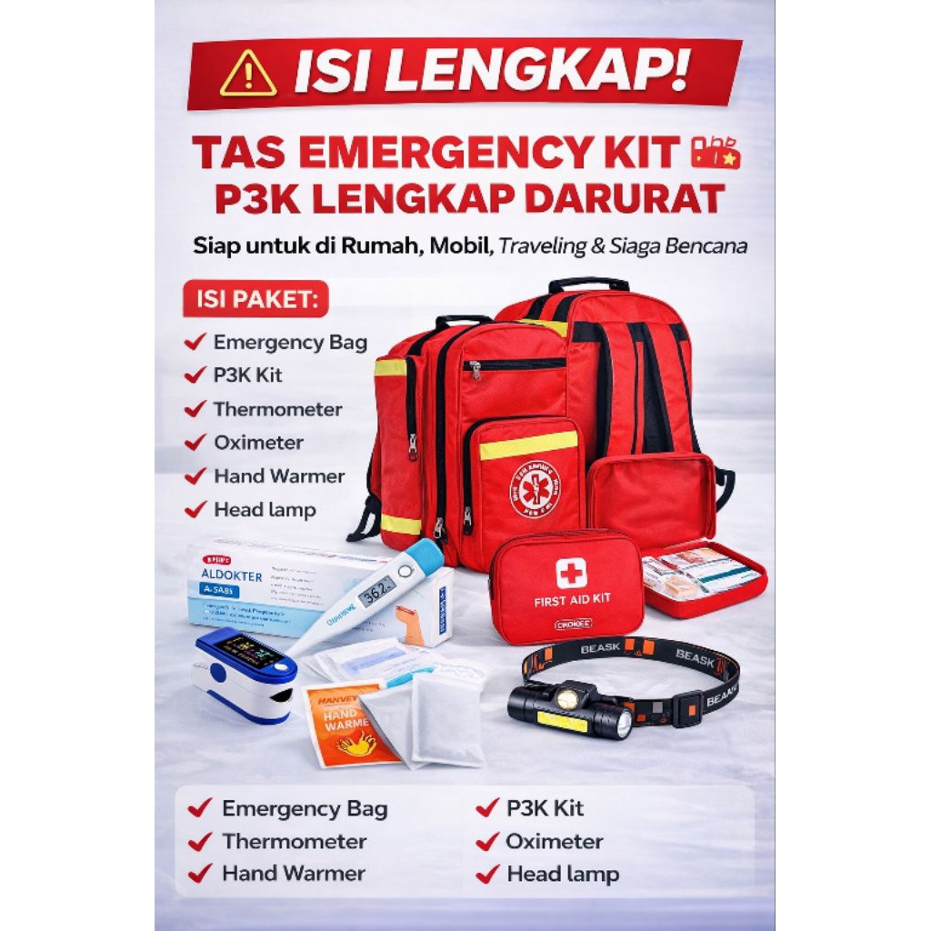 Tas Emergency Kit P3K Lengkap Siaga Bencana Darurat | Emergency Bag Isi Oximeter Thermometer Headlam