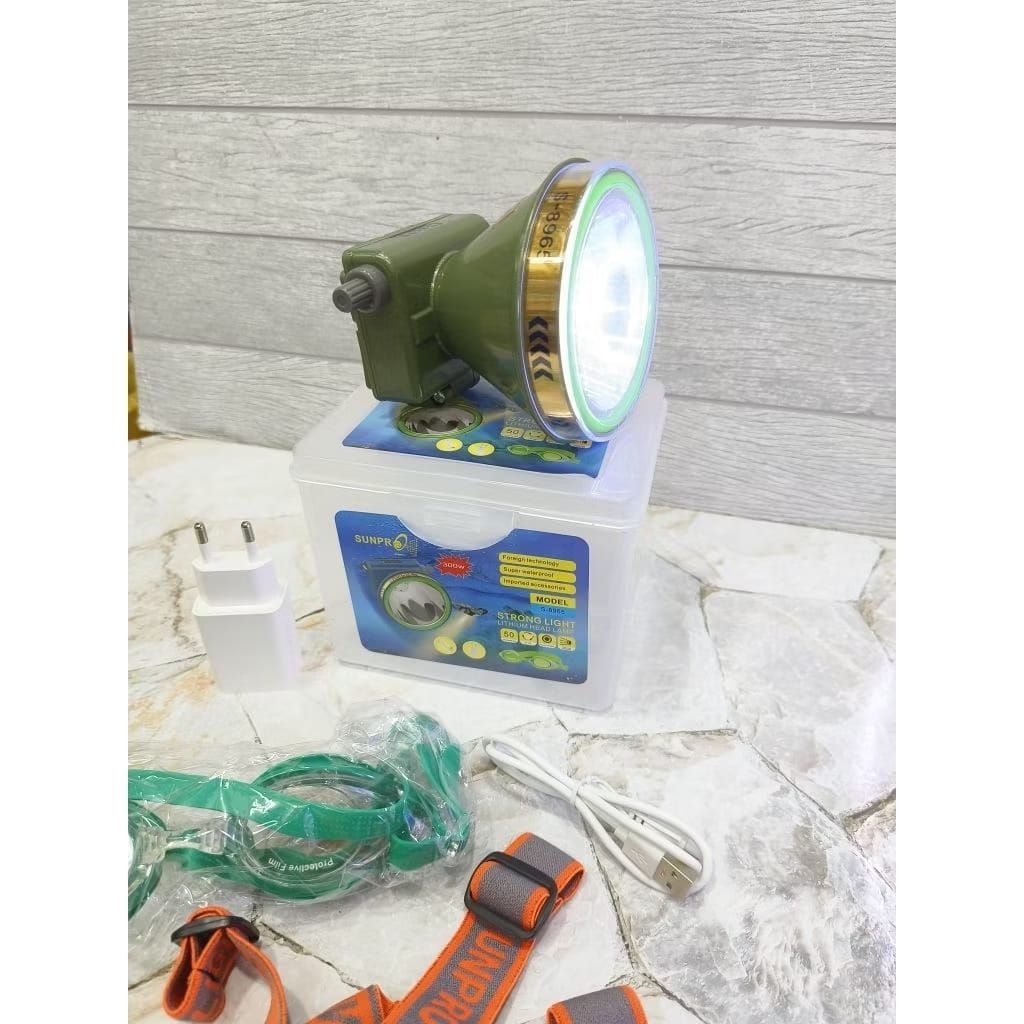 Senter Kepala Selam SUNPRO S-8965 300Watt Tombol Dimmer Diputar Cahaya Putih Diving Super Terang SUN