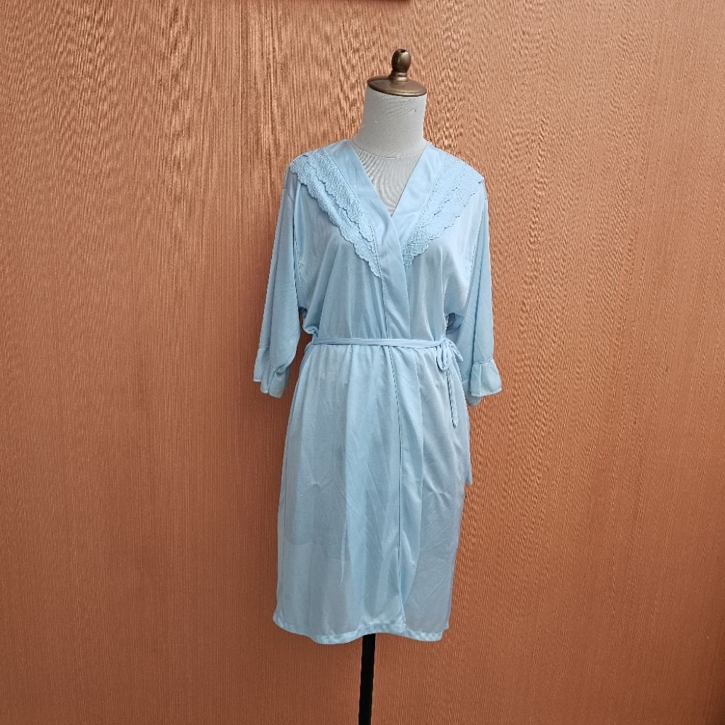 midi dress wanita biru muda pastel M outer piyama L vneck kimono santai nyaman