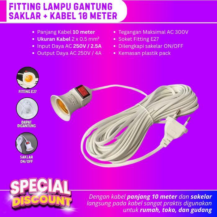 Fitting Lampu Gantung Kabel 10 Meter Multifungsi Saklar On/Off Fitting Lampu E27 Saklar + Kabel 10 M
