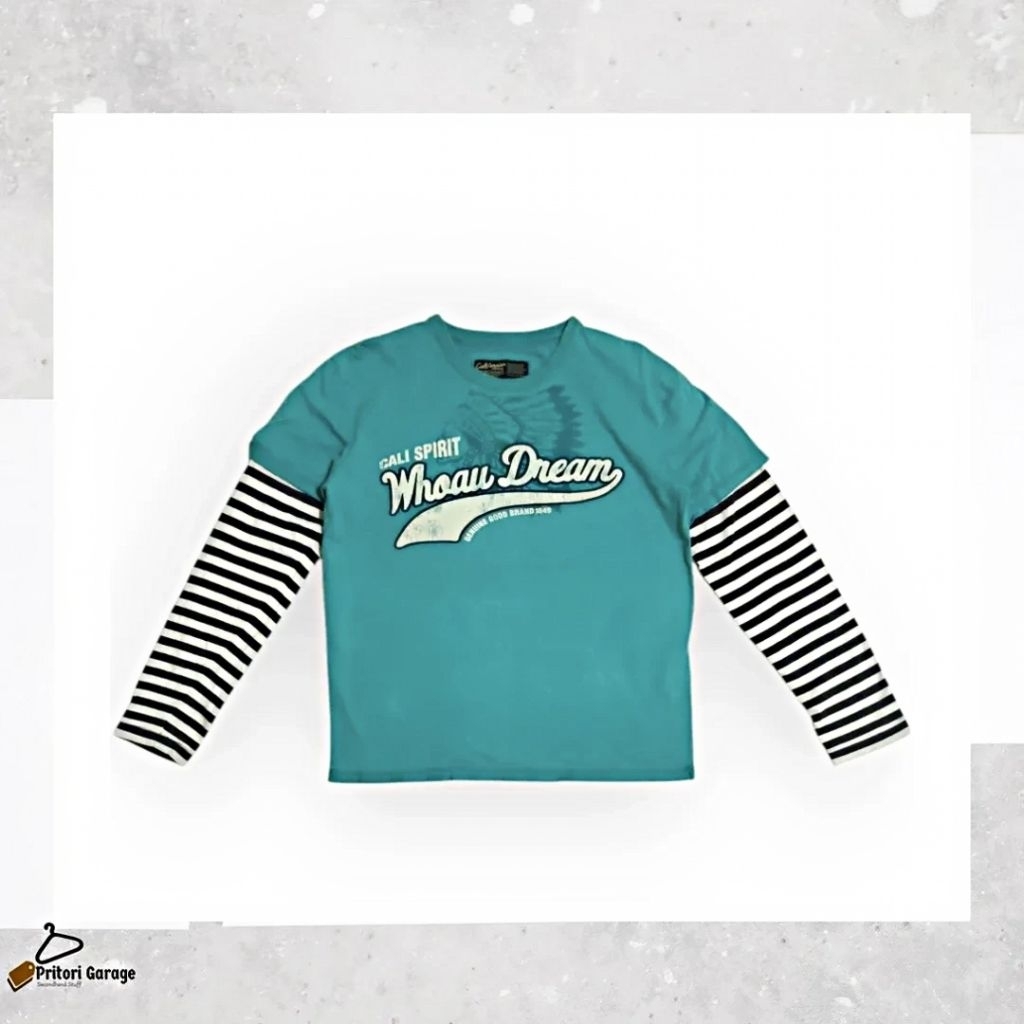 Long Sleeve Double Layer T-shirt Big  Print Who Au Bright Teal Stripe Black White Colour Vintage M