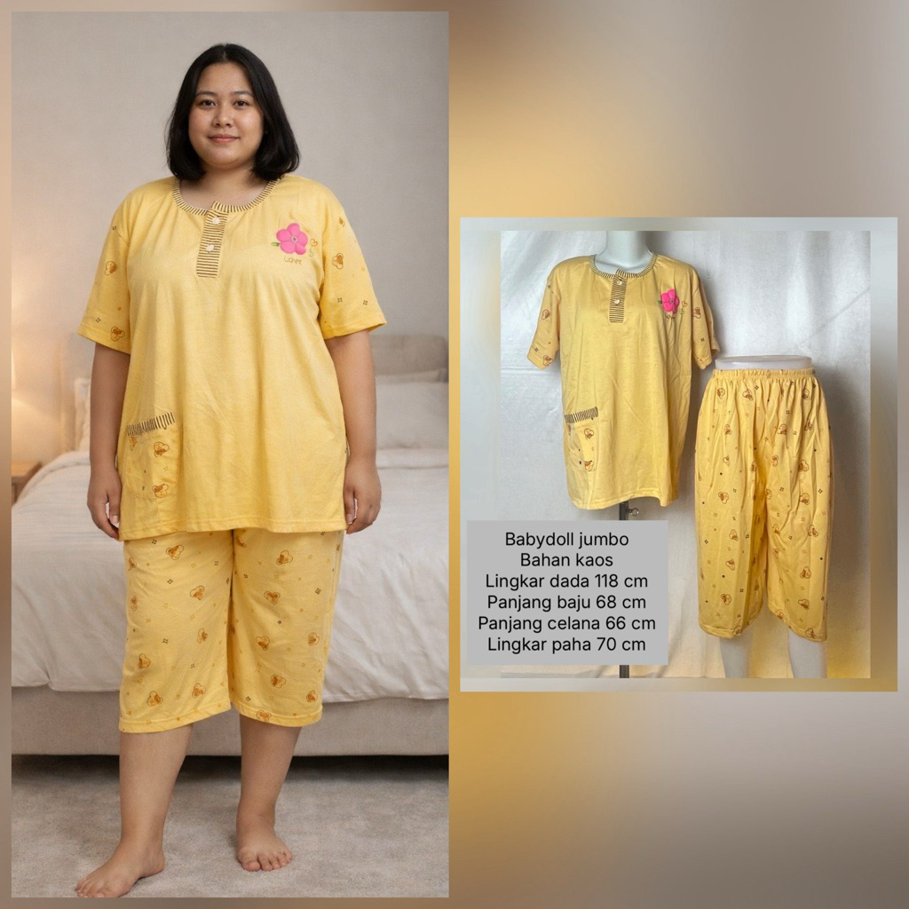 Babydoll wanita dewasa jumbo 3/4 LD 118 cm bahan kaos premium / Baju tidur celana 3/4 lengan pendek 