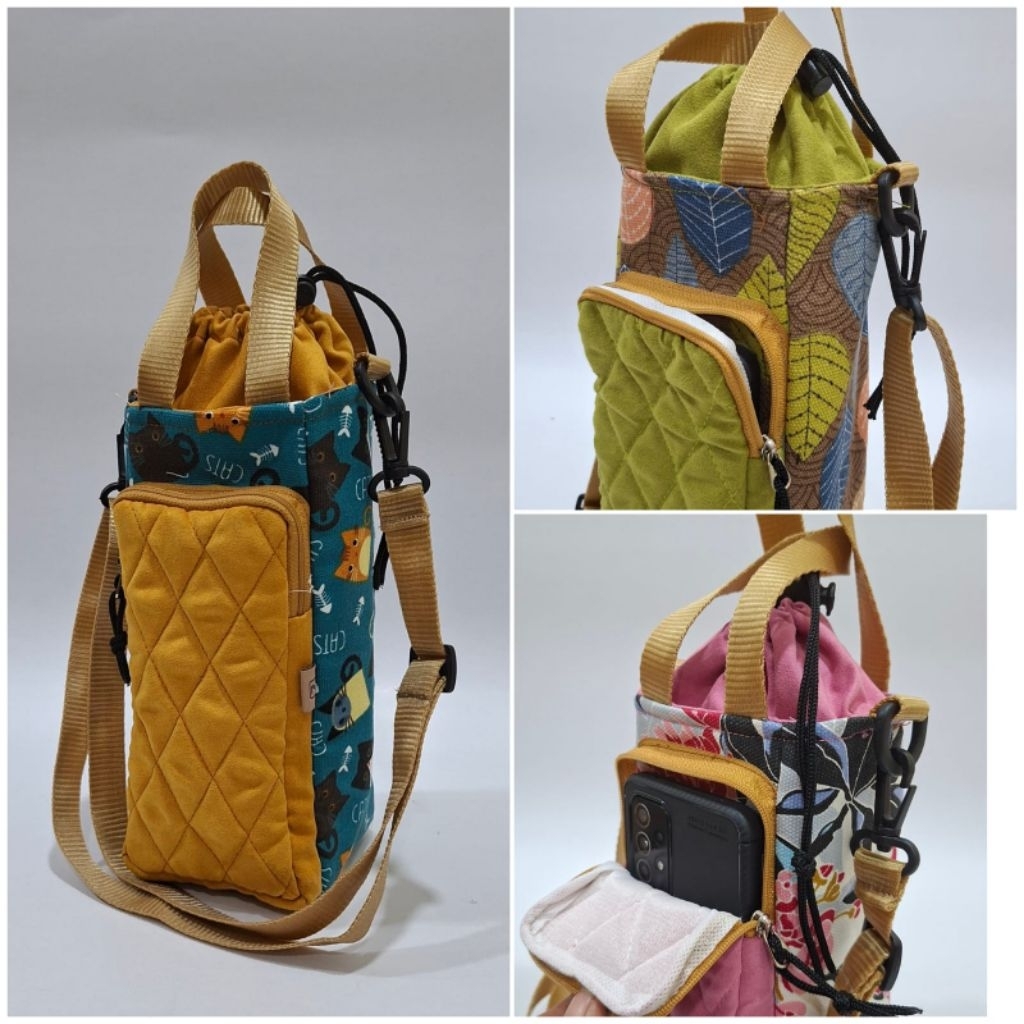 Tas Botol Minum Air Mineral Kantong Hp Tali Panjang danTenteng Bahan Kanvas Kombinasi Kain Suede Pol