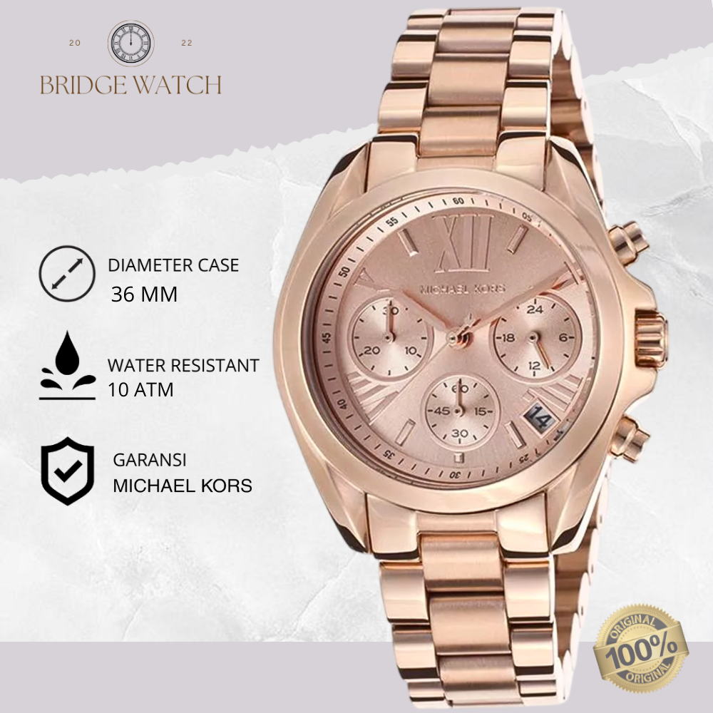 Jam Tangan Wanita Michael Kors MK5799 Chronograph Rosegold Stainless Steel Strap Rantai Mewah Origin