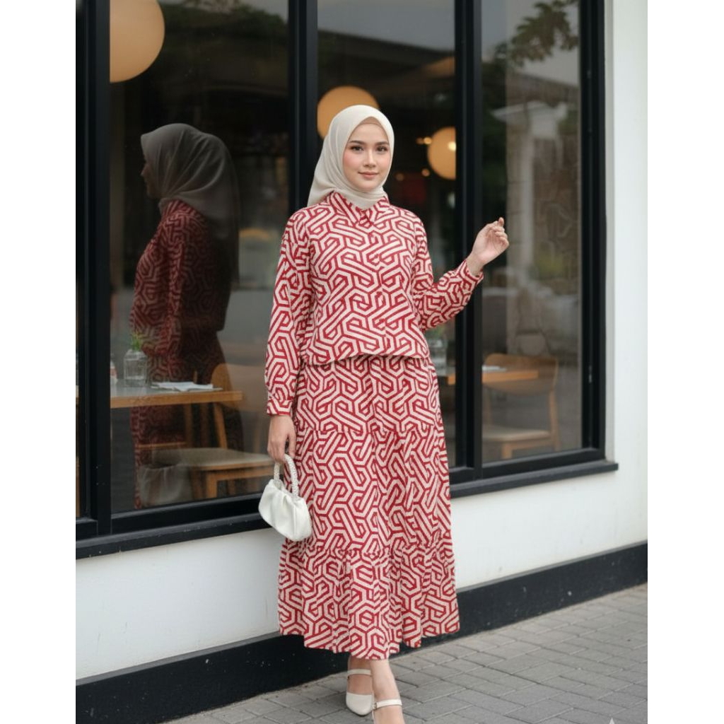 SETELAN Rok Wanita Bahan RAYON PREMIUM  baju Muslim Remaja Motif ONE SET