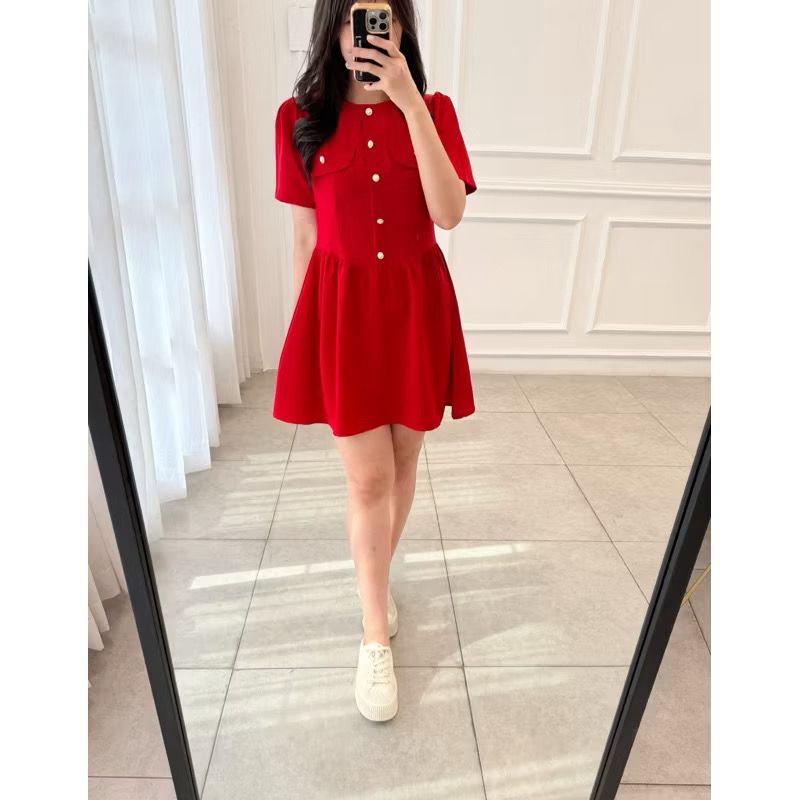 Ready Flare Mini Dress Katun | Terusan dress wanita simple casual | pakaian wanita [RED ONLY]