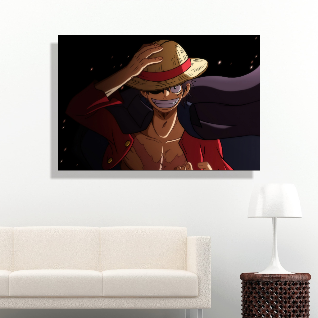 Poster Luffy Anime One Piece dengan Topi Hiasan Dinding Anime Tereren Ukuran Besar