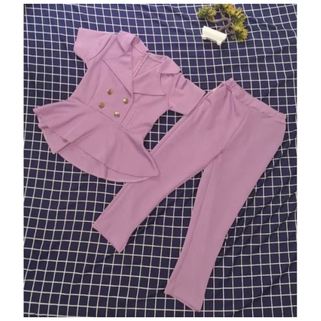 set blouse wanita celana panjang ungu