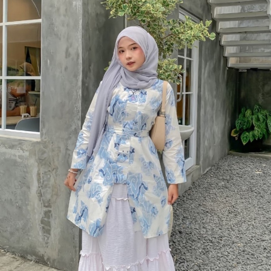 BATIK TRUSMI Atasan Wanita Tunik Batik Motif Mega Mendung Bumi Tali Mop Biru