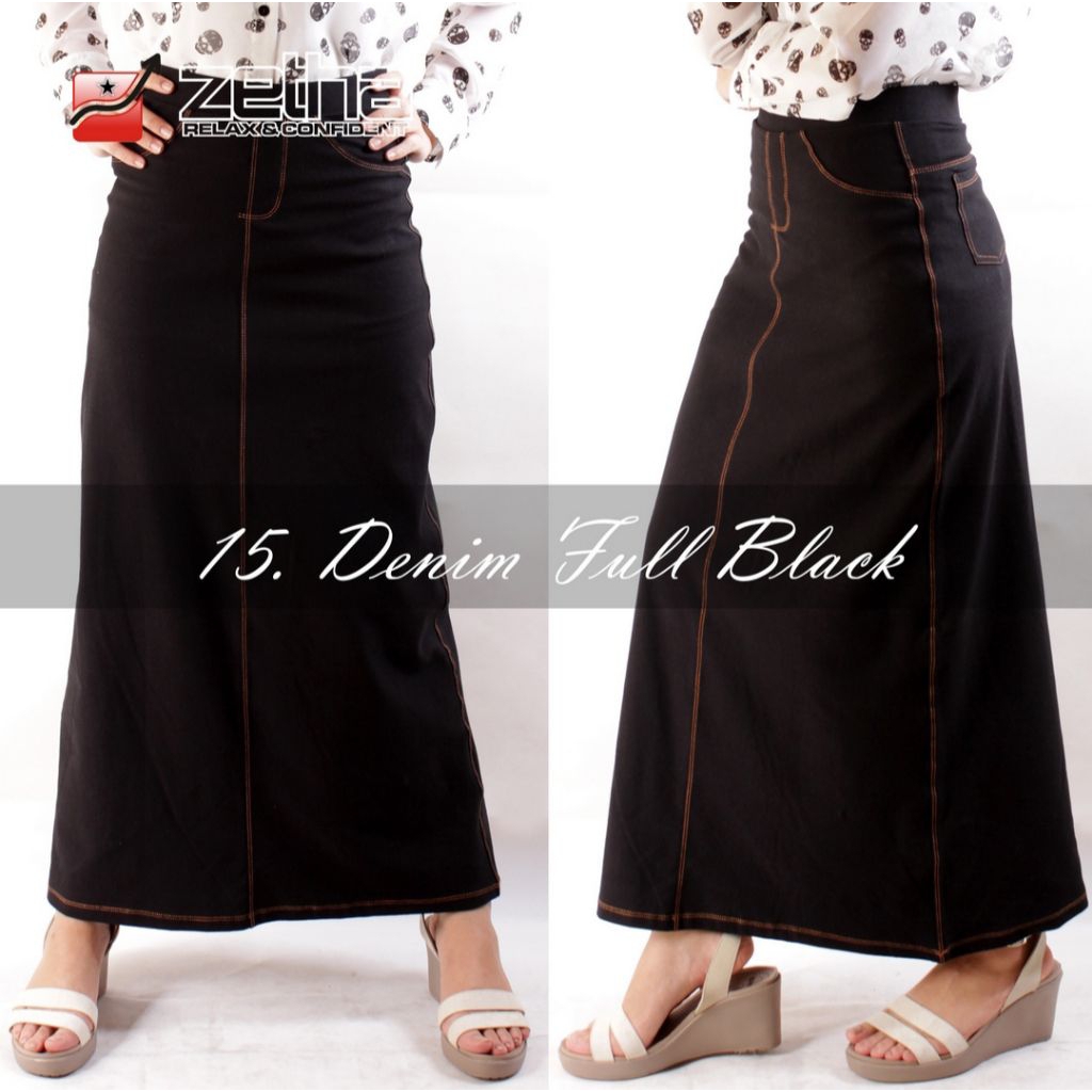 Rok Zetha Panjang Wanita Warna Denim FullBlack Hitam| Rok Kerja Kantor | Rok Denim | Rok Hitam | Rok
