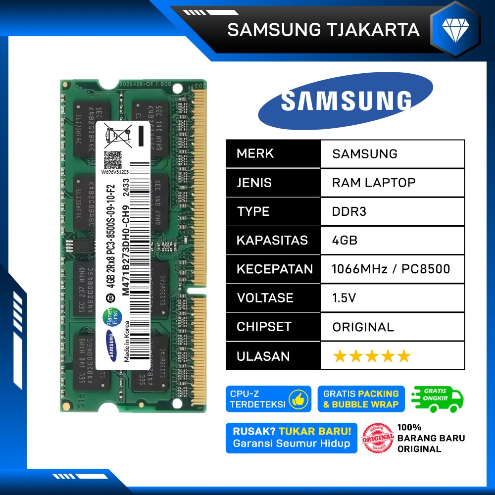 RAM LAPTOP SAMSUNG DDR3 4GB 1066Mhz PC 8500 1.5v ORI RAM SODIMM DDR3 4GB