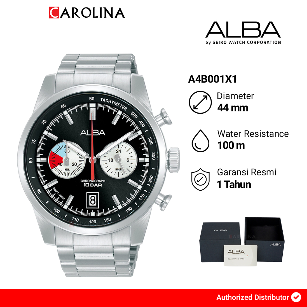 Jam Tangan Pria ALBA Chronograph A4B001X1 Black+White Dial Silver Stainless Steel Strap