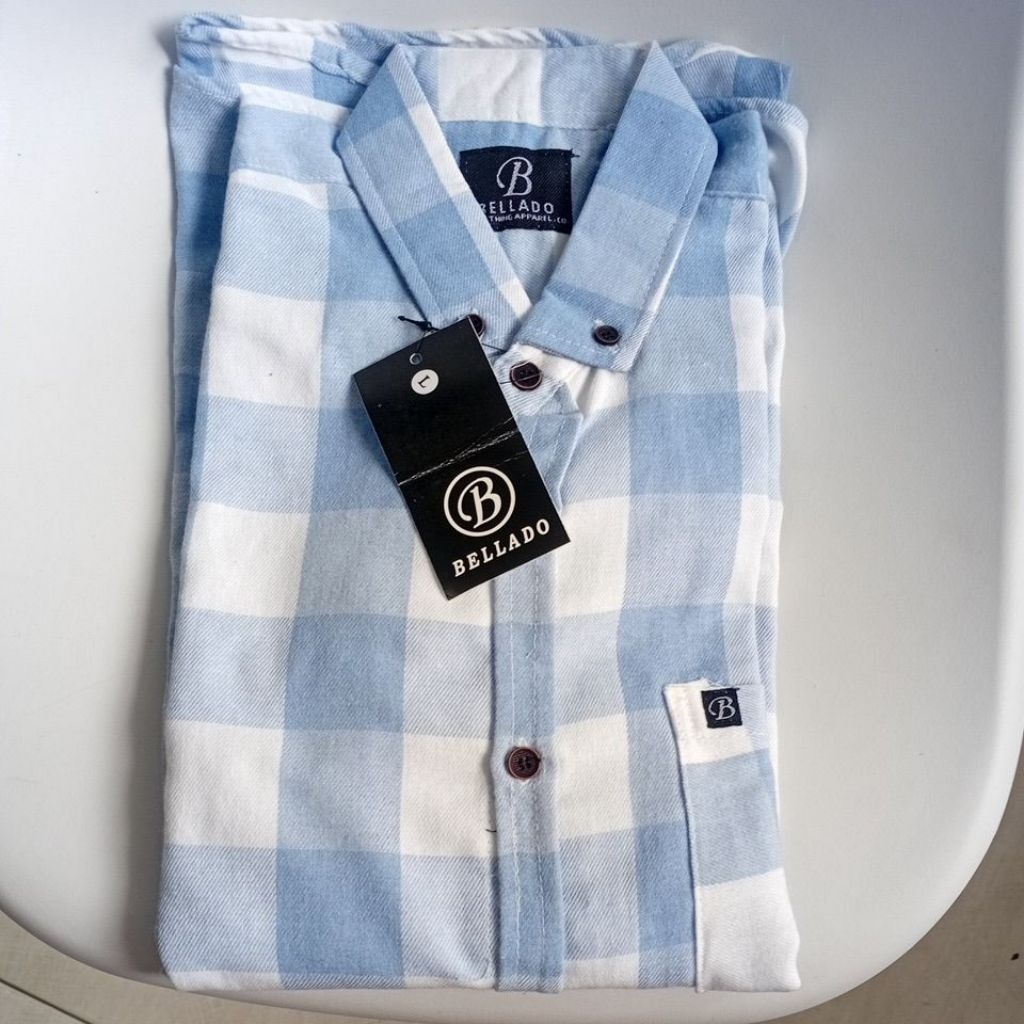kemeja flanel size L biru pria / wanita lengan panjang kotak kotak