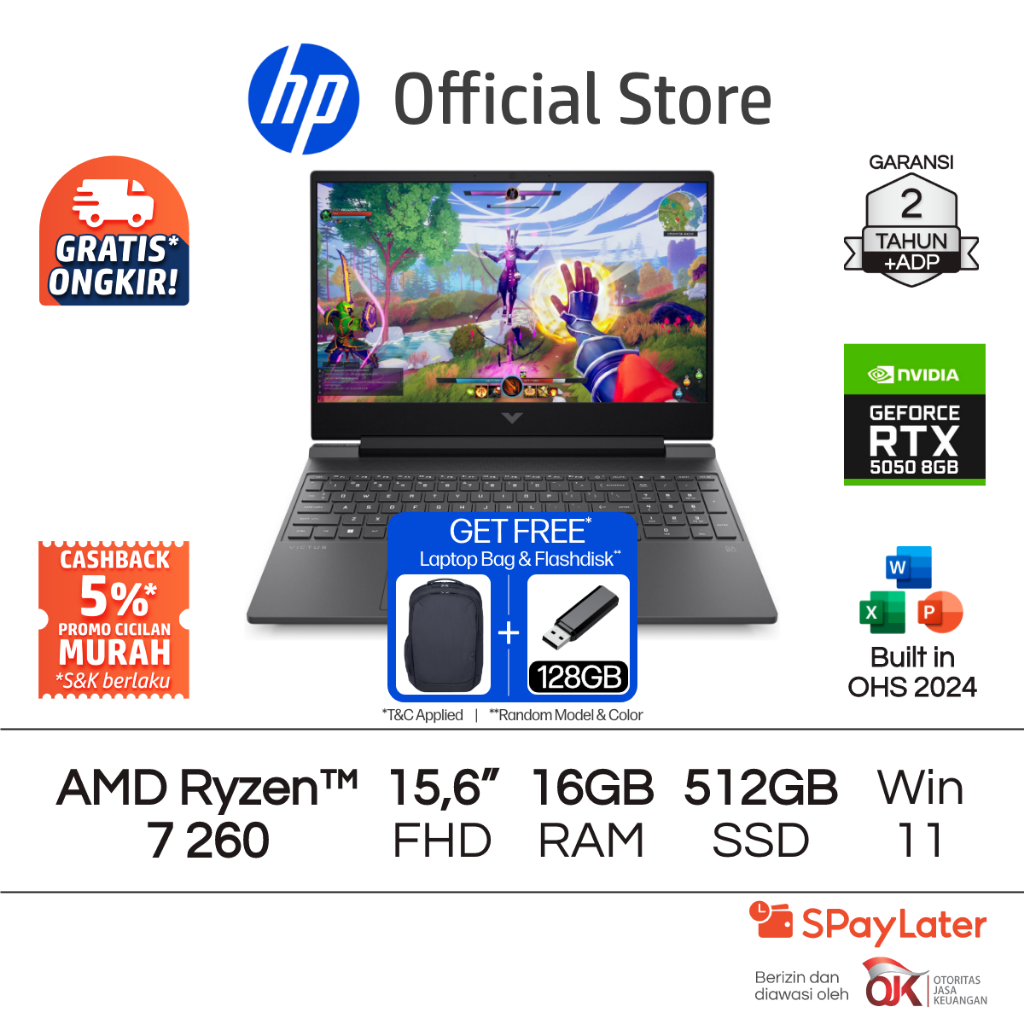 Victus Laptop Gaming HP AMD Ryzen 7 NVIDIA GeForce RTX 5050 16GB RAM 512GB SSD Silver Free Windows 1