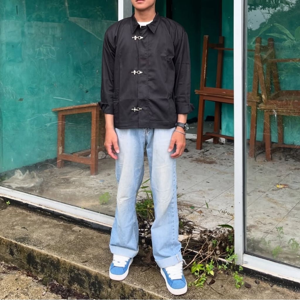 Workshirt Zipper Fireman Clasp Hitam | Black Longsleeve | Lengan Panjang Boxyfit Oversize by sisasat