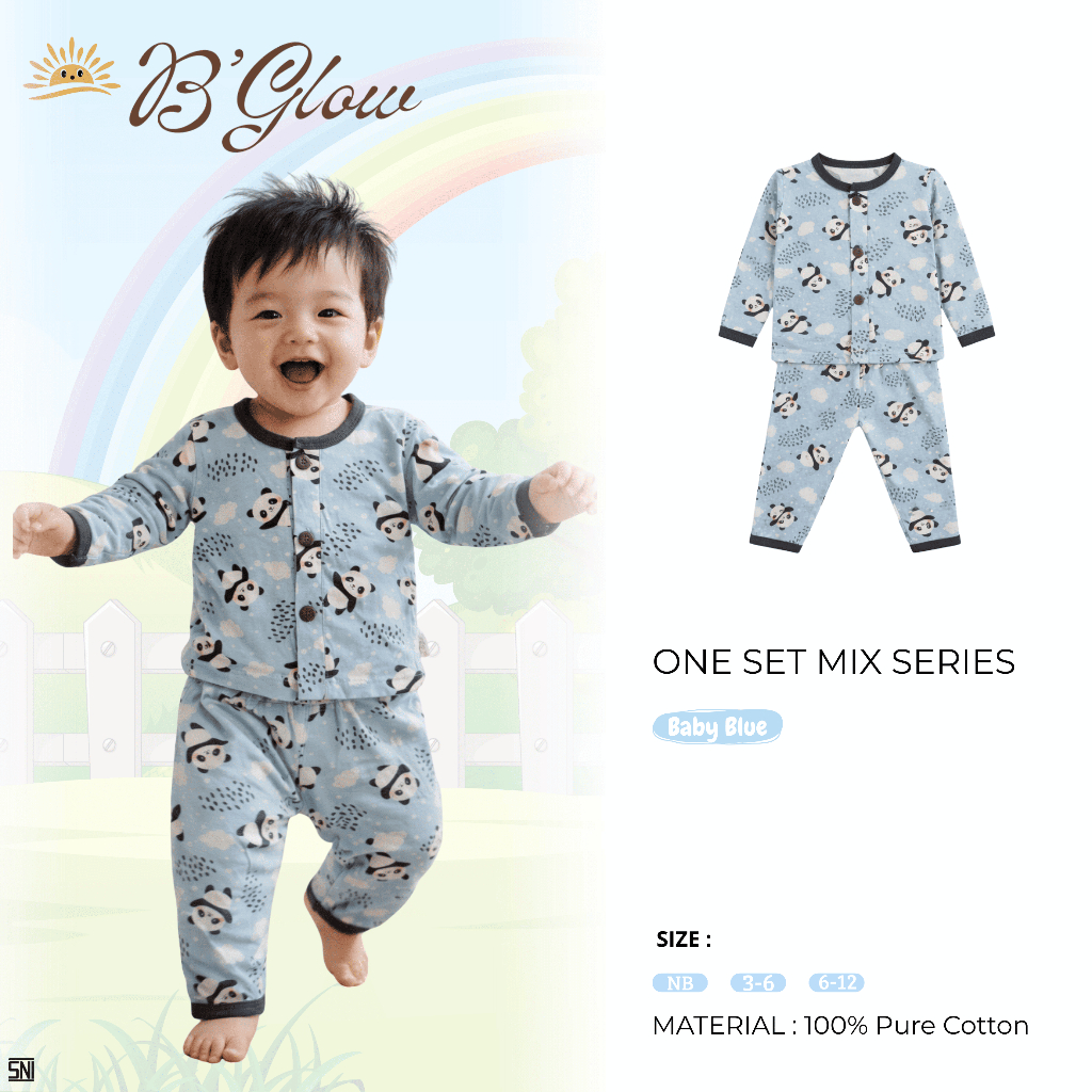 B'GLOW - Setelan Panjang Baju Bayi Motif Panda Baby Blue | One Set Bayi Unisex Adem