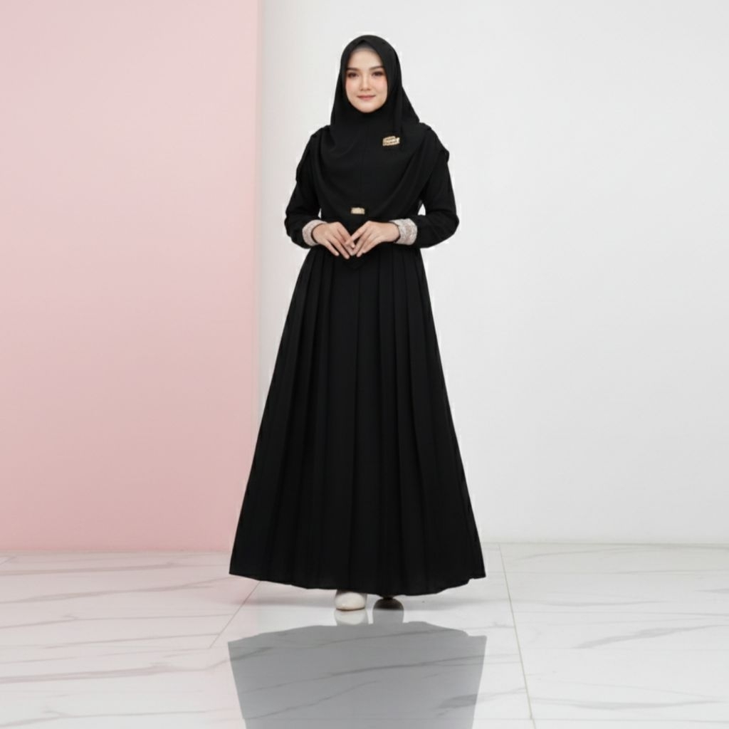 Baju Gamis Lebaran 2026 Wanita Model Gamis Terbaru Mewah Elegan Set Hijab Crinkle Premium L XL XXL