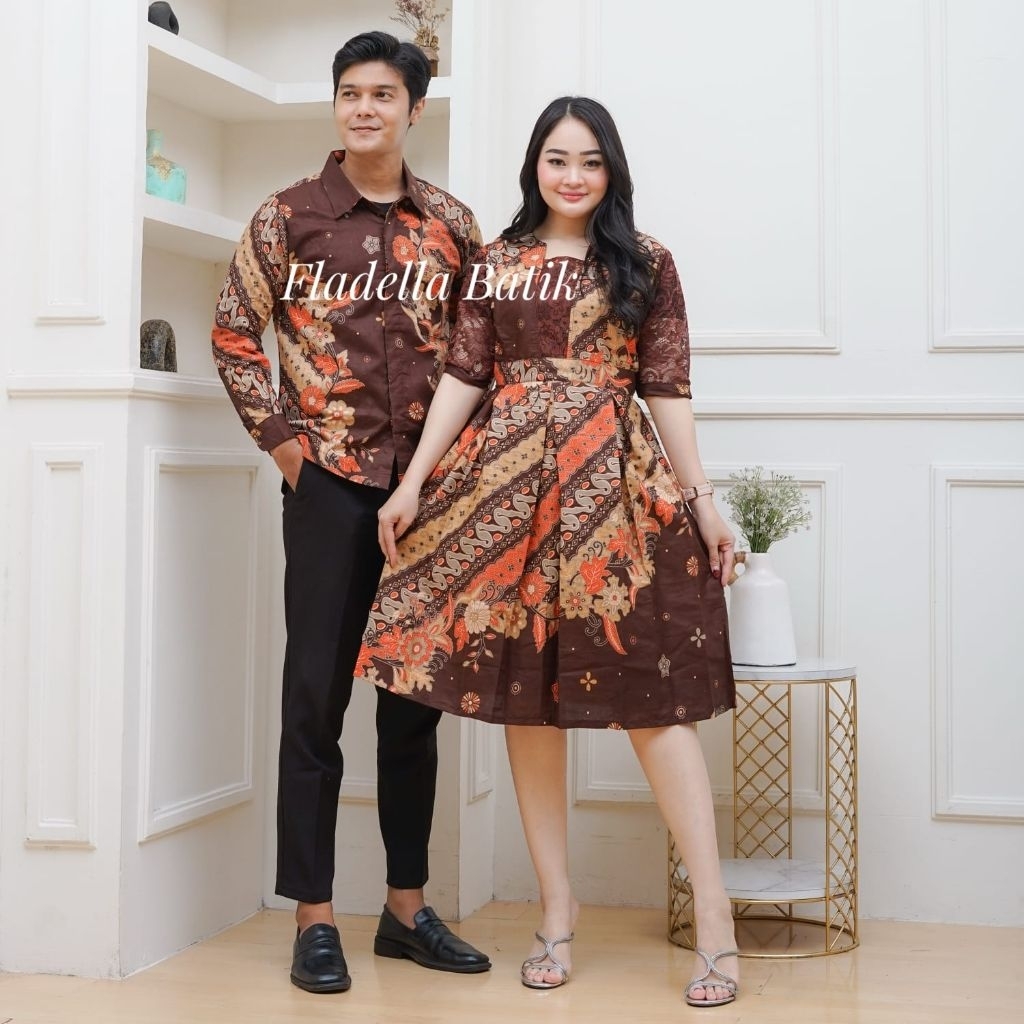 Dress batik couple coklat dress pesta midi pasangan terbaru kekinian