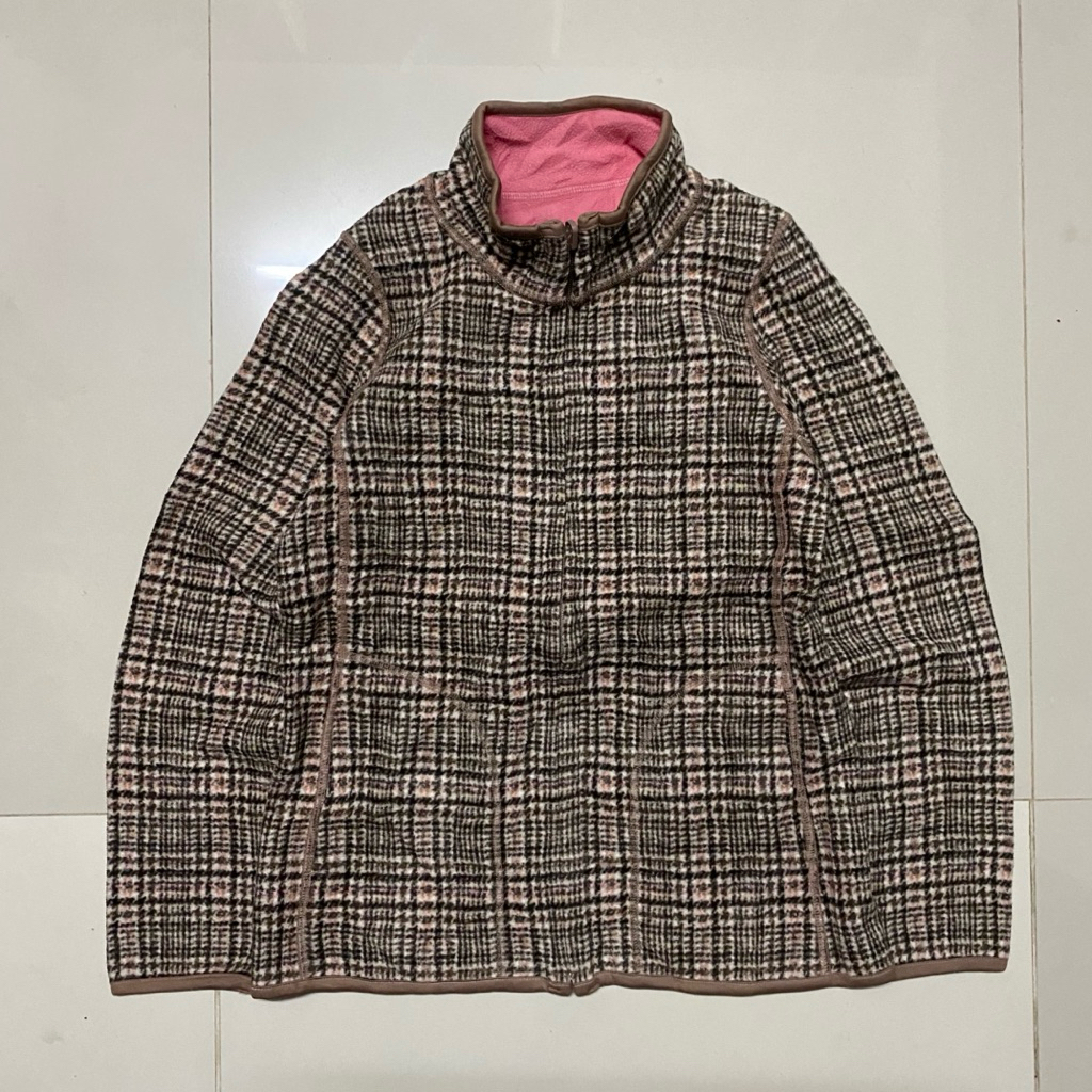 JF 87 - UNIQLO Fleece Reversible Motif Veterano Coklat / Pink Jaket Japan- Size Tag M