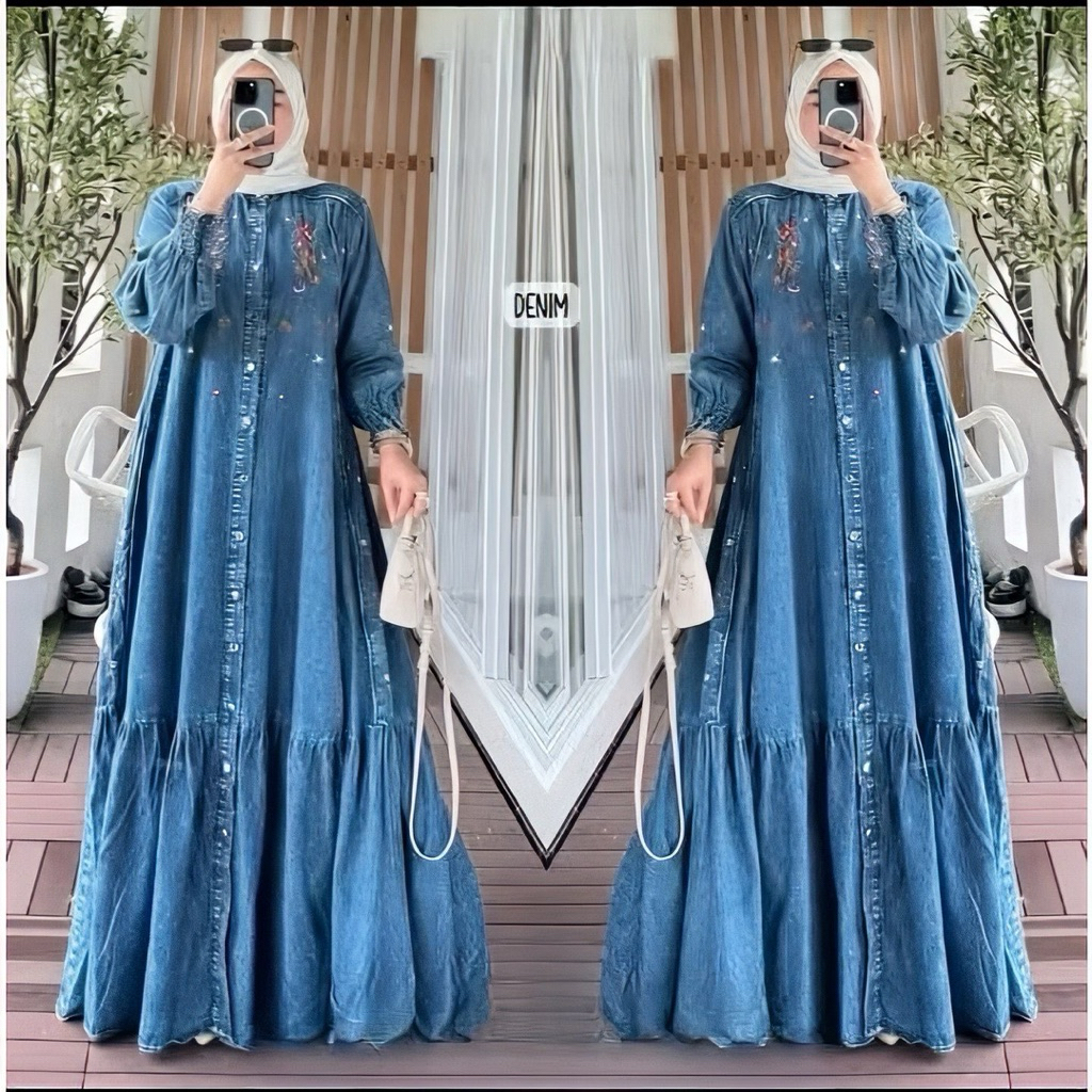 COD~Shefty Gamis Jumbo Baju Gamis Jeans Bordir Wanita Jumbo Terbaru/Gamis Bordir Dress Denim Jumbo W