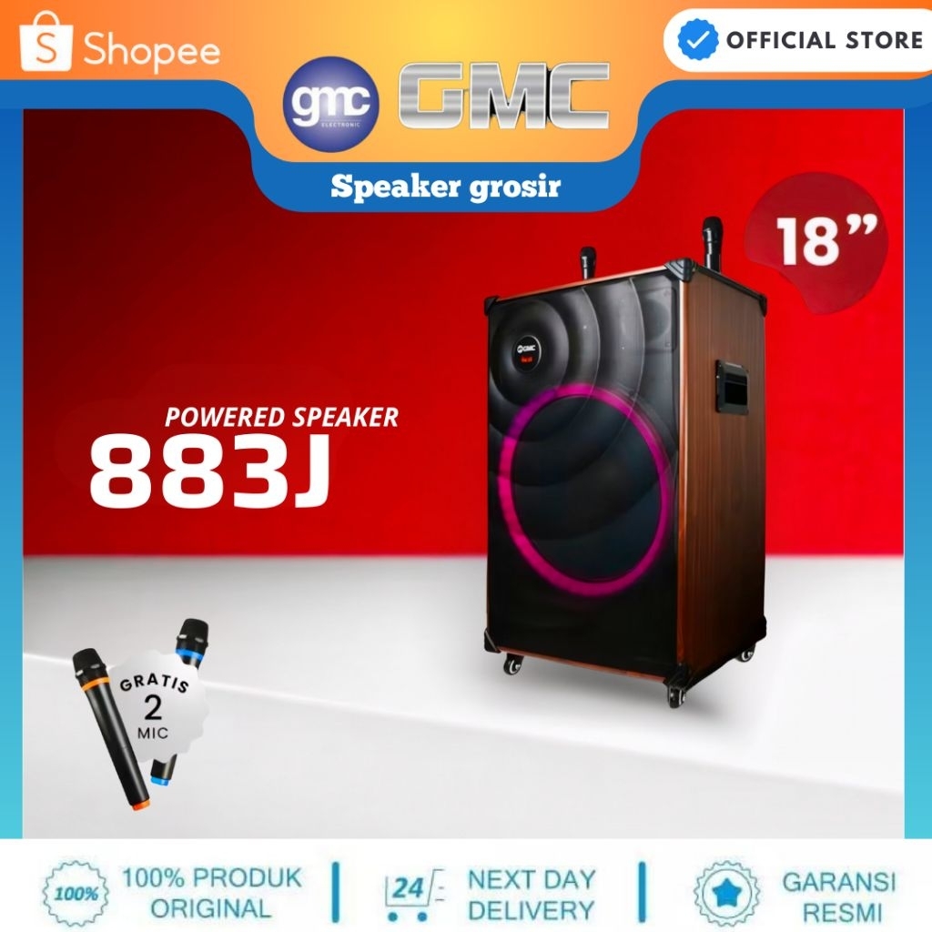 GMC Speaker Karaoke Bluetooth 883J 18 Inch 195W Free 2 Mic Wireless LED USB AUX TF