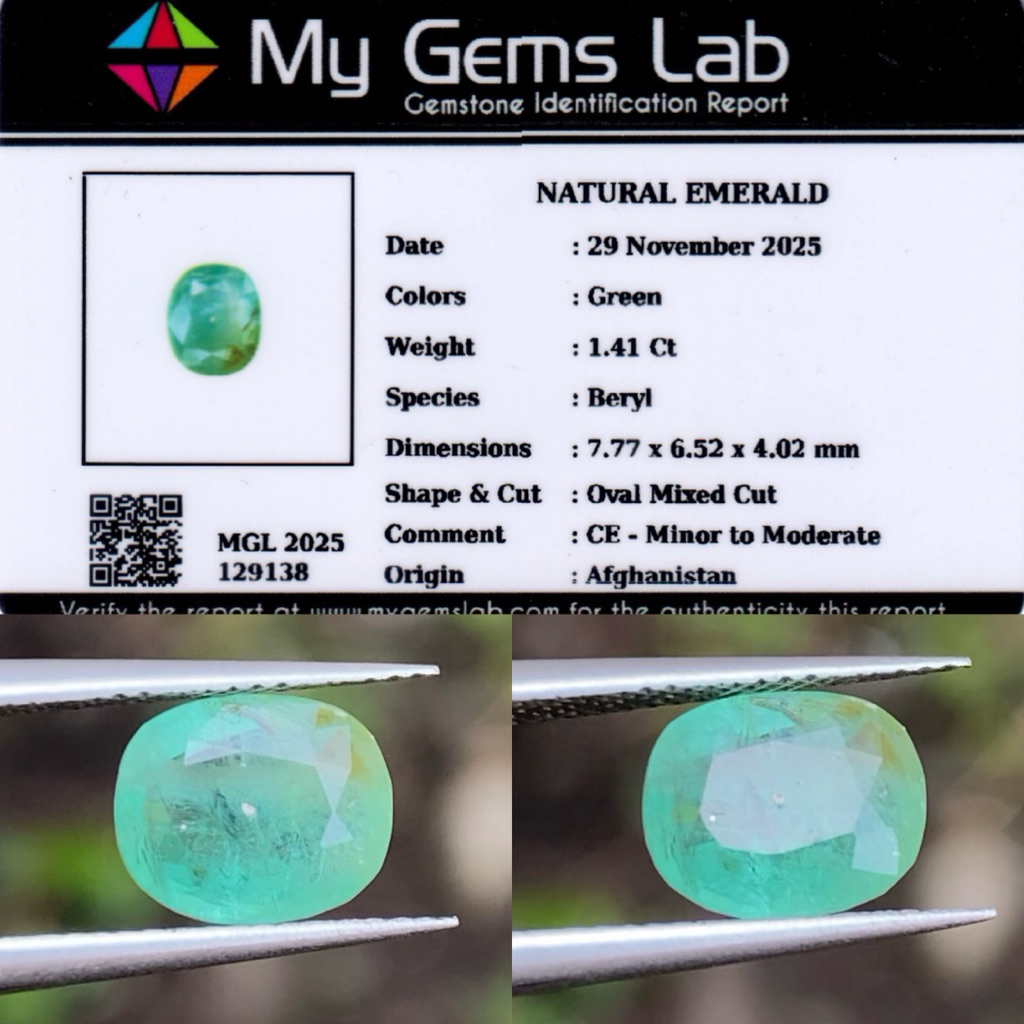 1,41 cts Natural Panjshir Emerald origin Afghanistan CE - Minor to Moderate Memo My Gems Lab