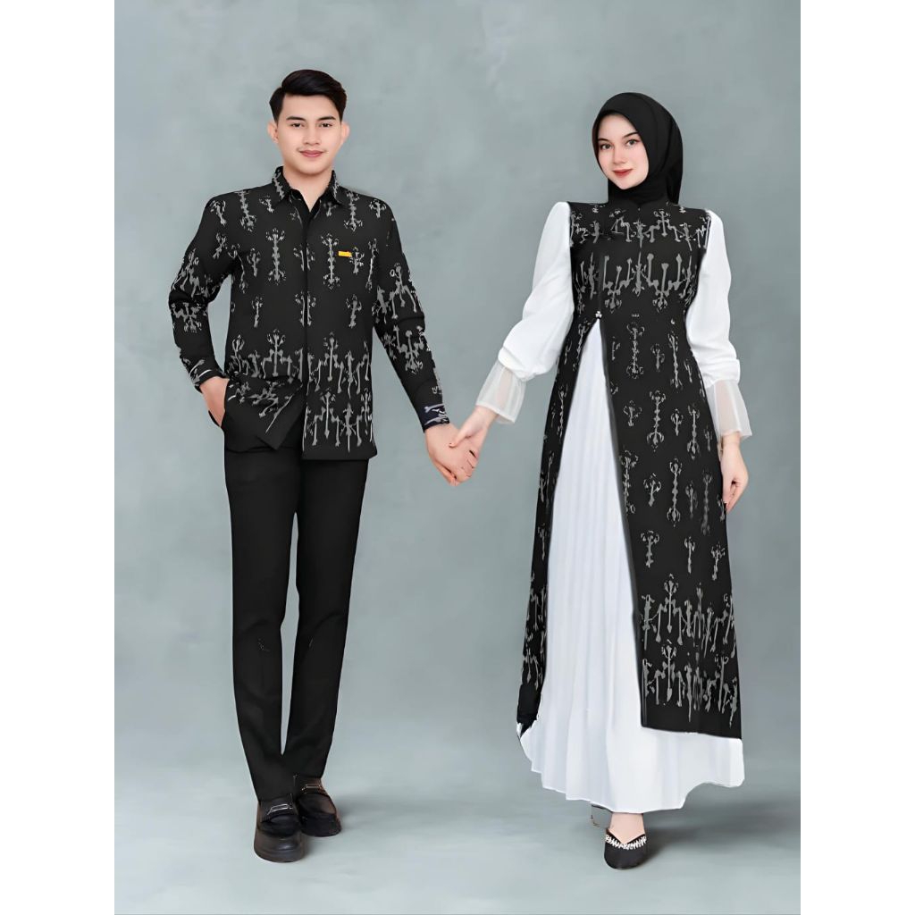 HANA dress tenun couple hitam putih - baju dress couple - gamis tenun keluarga