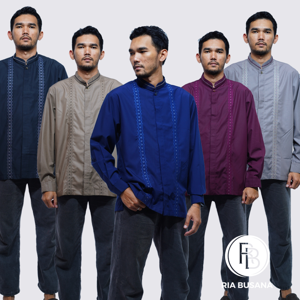 Ria Busana Huda Kemeja koko pria lengan panjang variasi bordir bahan katun pilihan warna lengkap Al 
