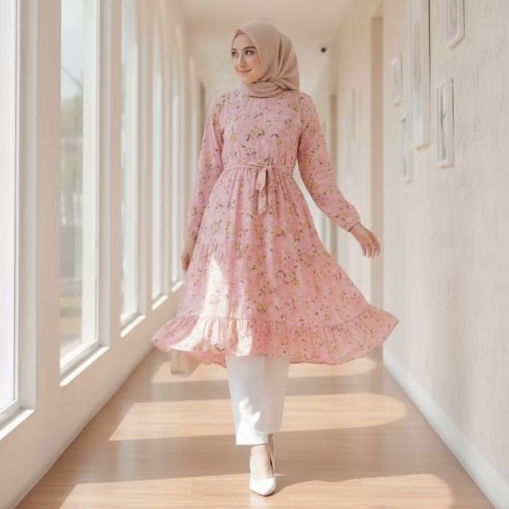 Naykamila Tunik Ceruty Babydoll Susun Motif Bahan Ceruty dan Furing Kaos Resleting Depan Busui Tali 