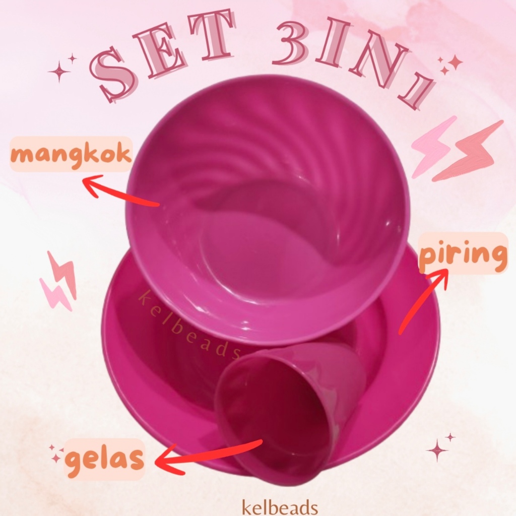 [kel beads] 3in1 alat makan plastik (piring,mangkok,gelas) pink (minimal order 4 set)/ 1 set peralat