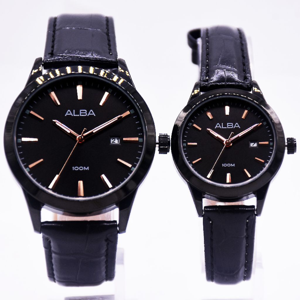 jam tangan couple Alba 8761M,L leather strap/ jam tangan couple cowok cewek  tanggal aktif original