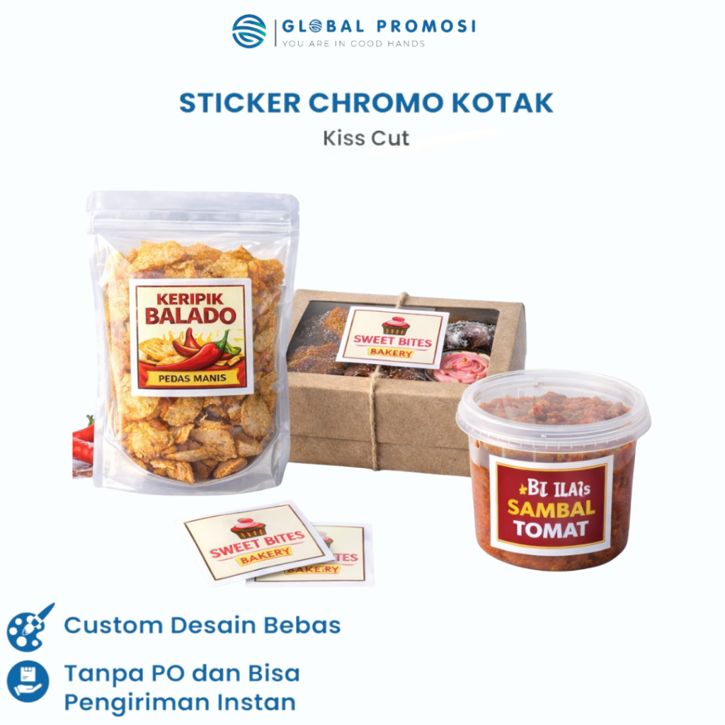 Cetak Stiker Cromo Kotak Custom | Label Logo Usaha & Makanan | Kiss Cut Free Design