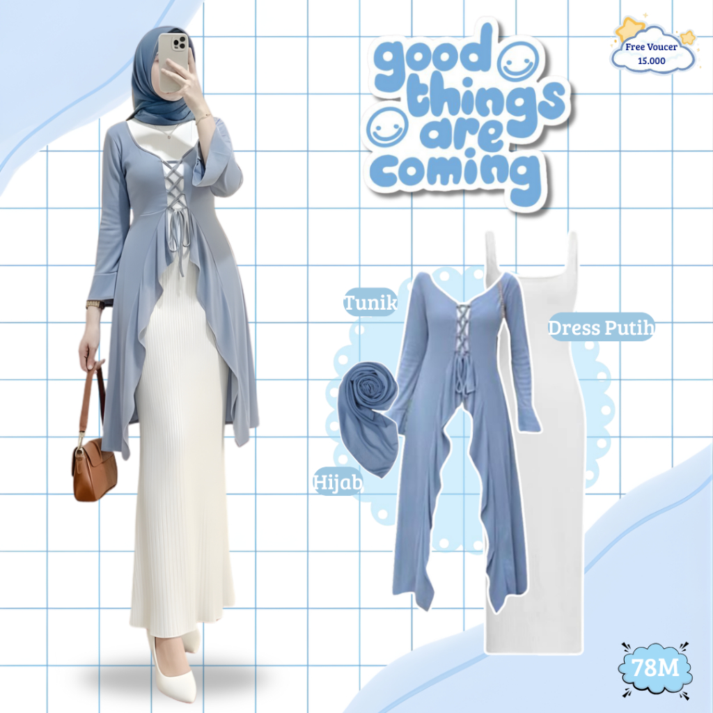 One Set 3in1 Wanita Kekinian Tunik - ( Dress Putih + Tunik + Hijab Bella Denim ) OOTD Hijab Kekinian