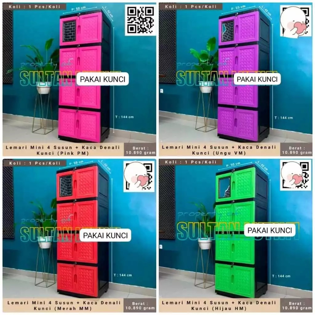 Lemari Pakaian Plastik Kaca 4 Susun Anti Rayap / Lemari Plastik Denali Dengan Kunci