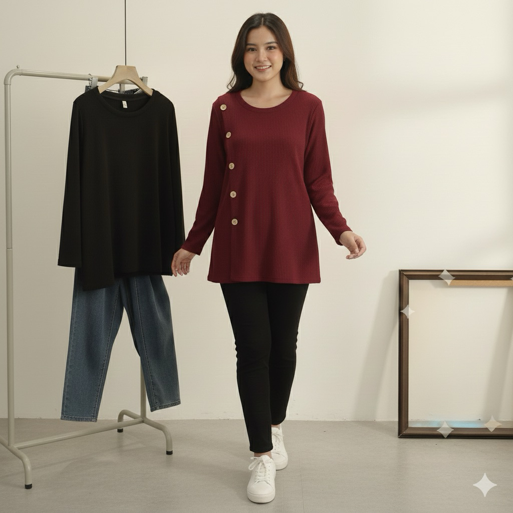 Atasan Wanita Lengan Panjang Tekstur Rib - Blouse Casual Chic / Mina Rib Top - Atasan Wanita Korean 