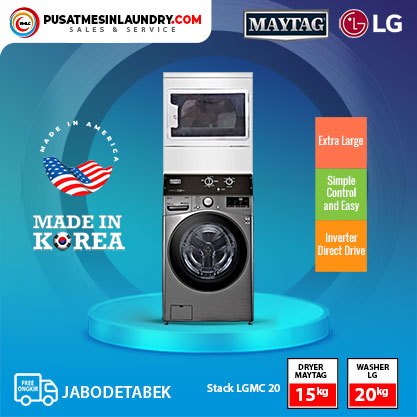 Stack Washer LG 20 Kg & Dryer Maytag 15 Kg MDG20 Tipe Gas, Mesin Laundry Stack Non Coin