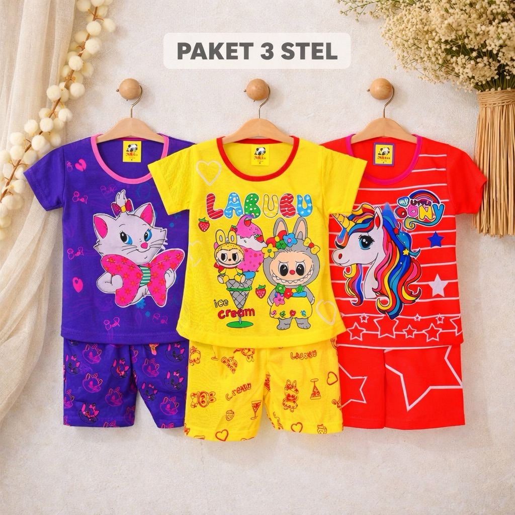 Setelan 3 Pasang Baju Anak Perempuan 3 Bulan - 5 Tahun, Motif Lucu & Murah / Baju Set Anak Perempuan