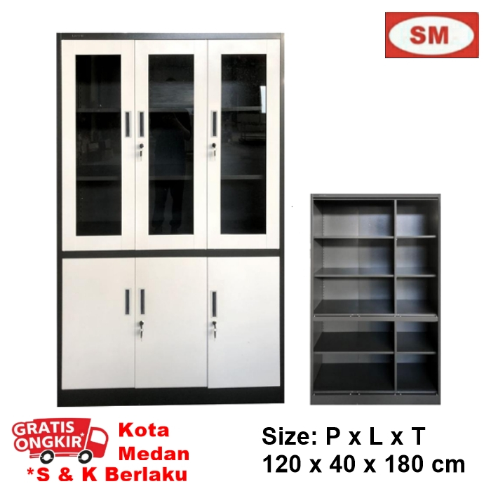 LEMARI FILING CABINET BESI 3P - LEMARI BUKU PINTU BUKA 1/2 KACA - RZ 3001 - MOTIF HITAM ABU