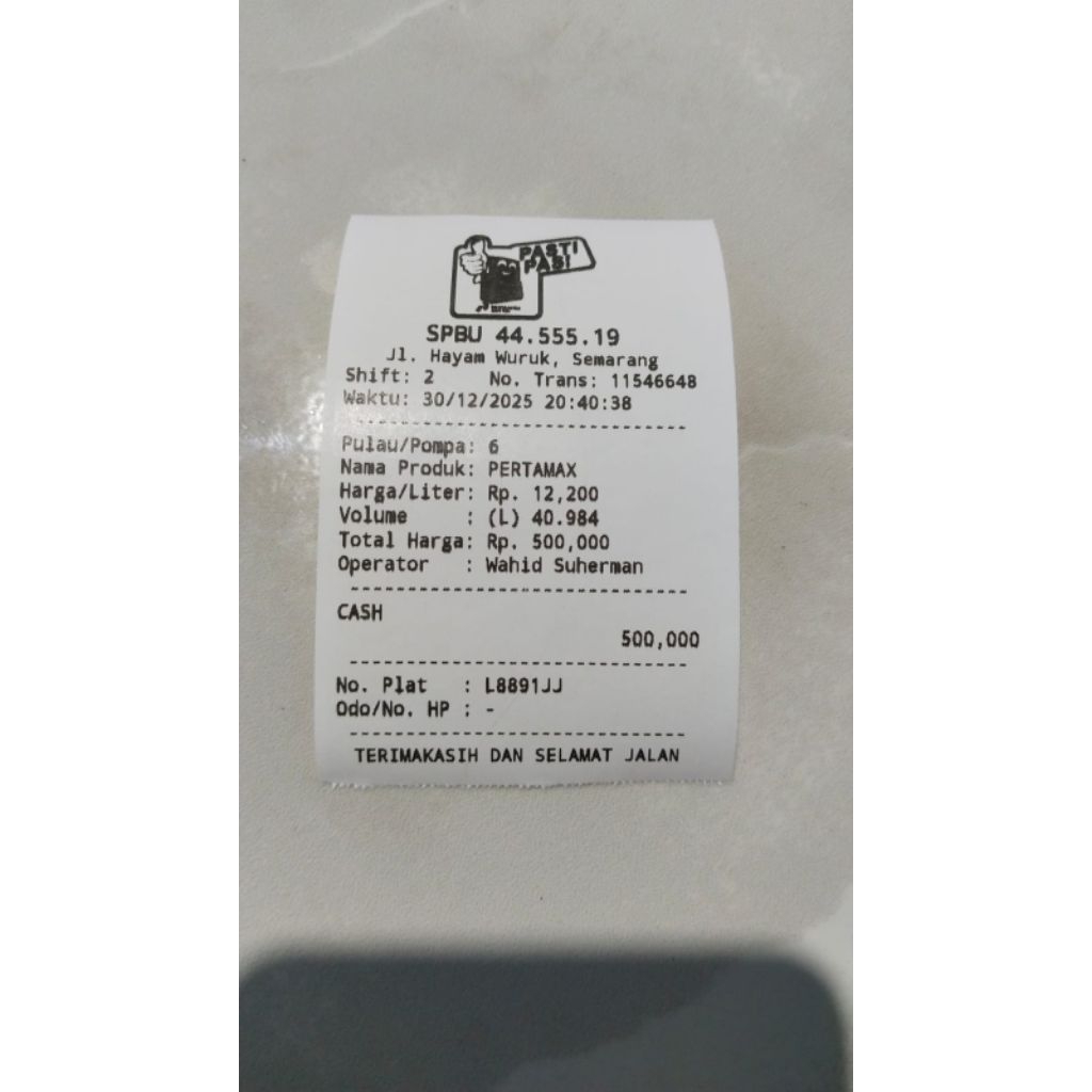 Cetak custom nota struk pom bensin