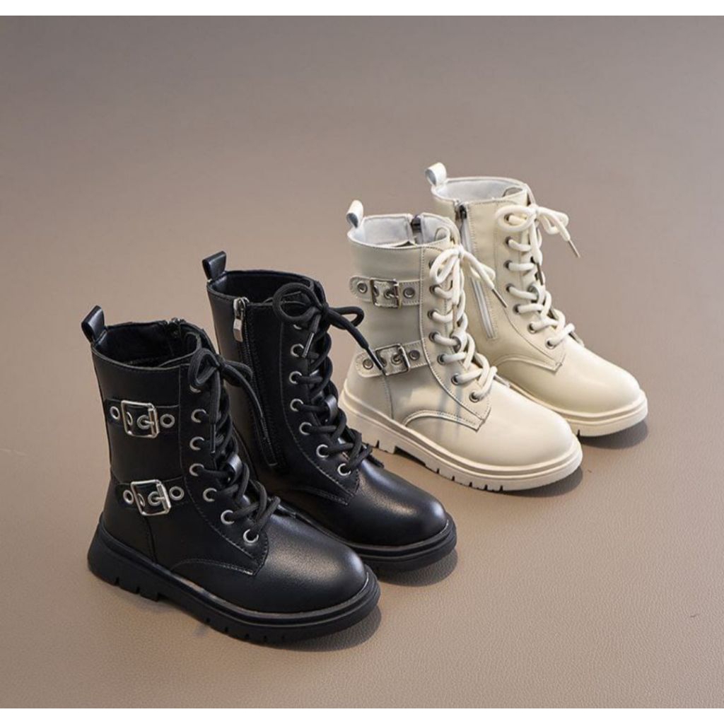 Sepatu Boots Anak Gesper Putih / Hitam Modis Perempuan