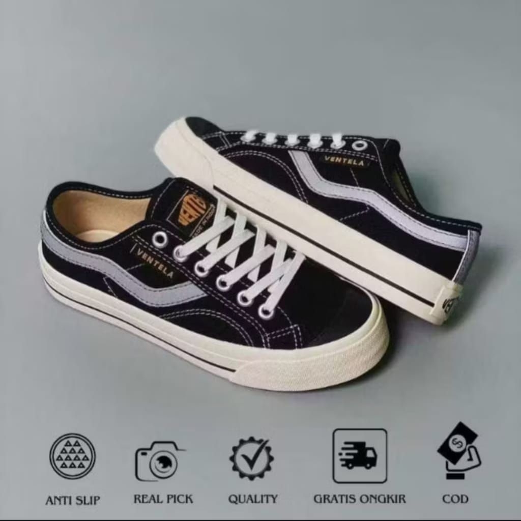 Ventela All Black Sepatu Ventela Public Low Full Black - sepatu sekolah hitam