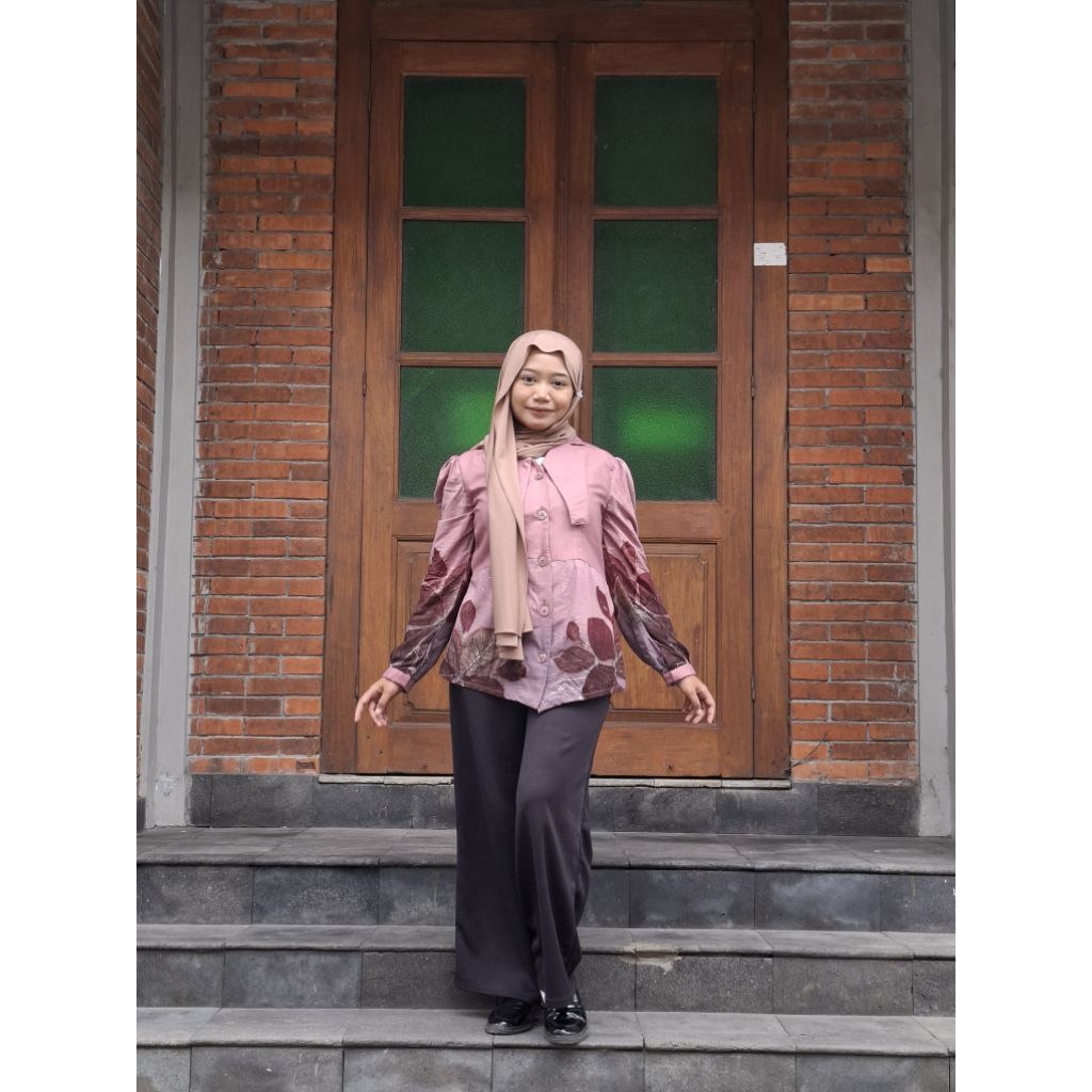 Blouse Jati Kusuma | Blouse Wanita Motif Daun Jati Natural Dyeing Warna Dasar Secang Motif Ecoprint 