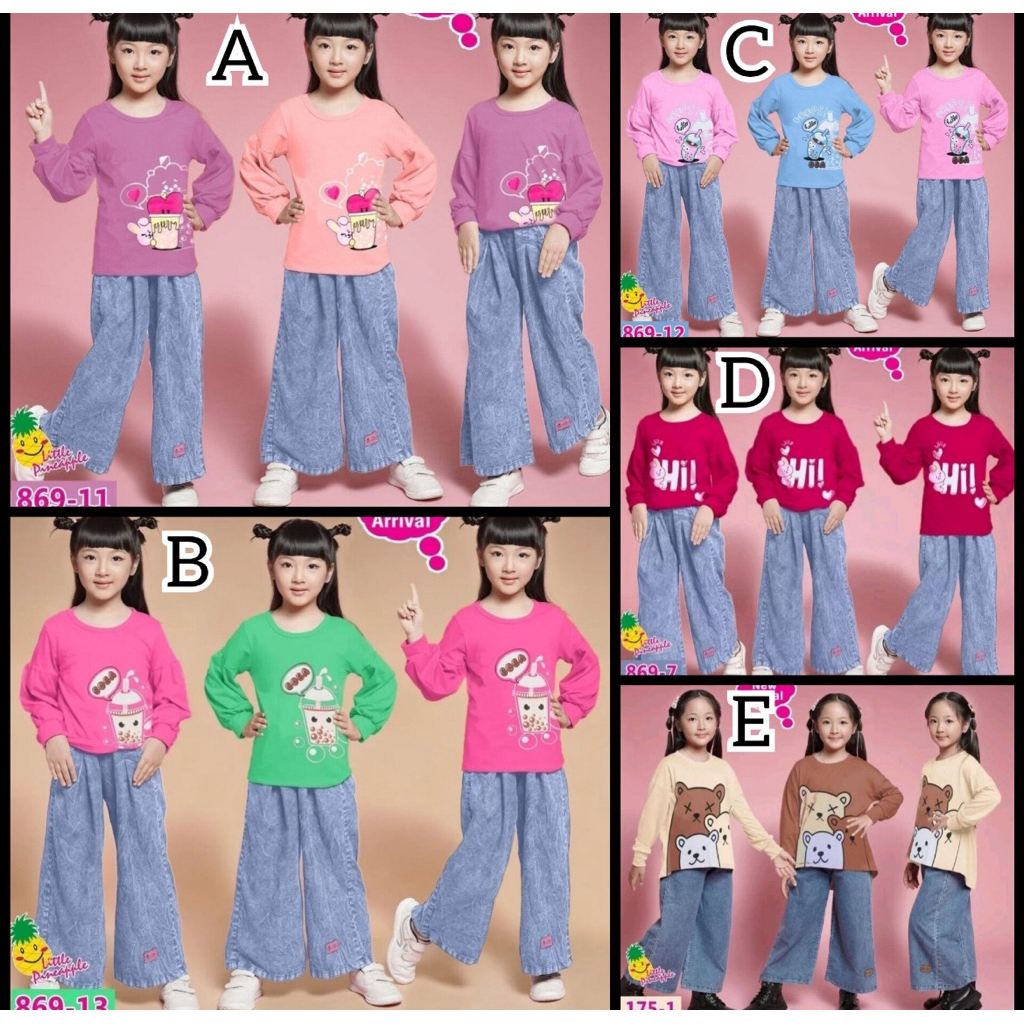 4-9th 869 175 Little Pineapple Baju Pakaian Set Setelan Anak Perempuan Cewek Cewe Celana Jeans Kulot