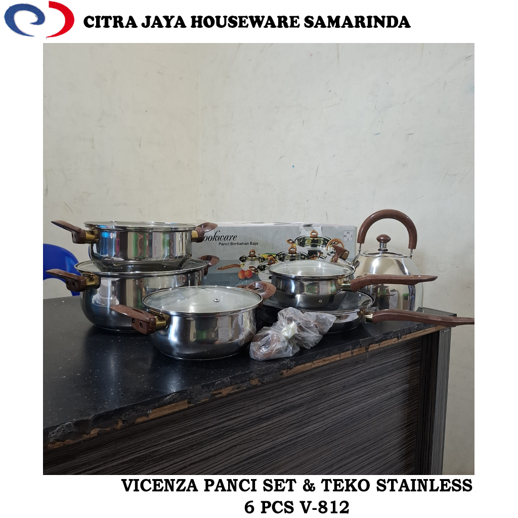 Panci Set Stainless dan Teflon & Teko Stainless 6 PCS VICENZA V-812 (PER 1 SET)